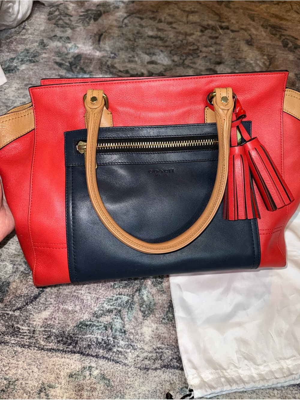 Coach Red, Navy & Tan Colorblock Leather shoulder Satchel with Tassel